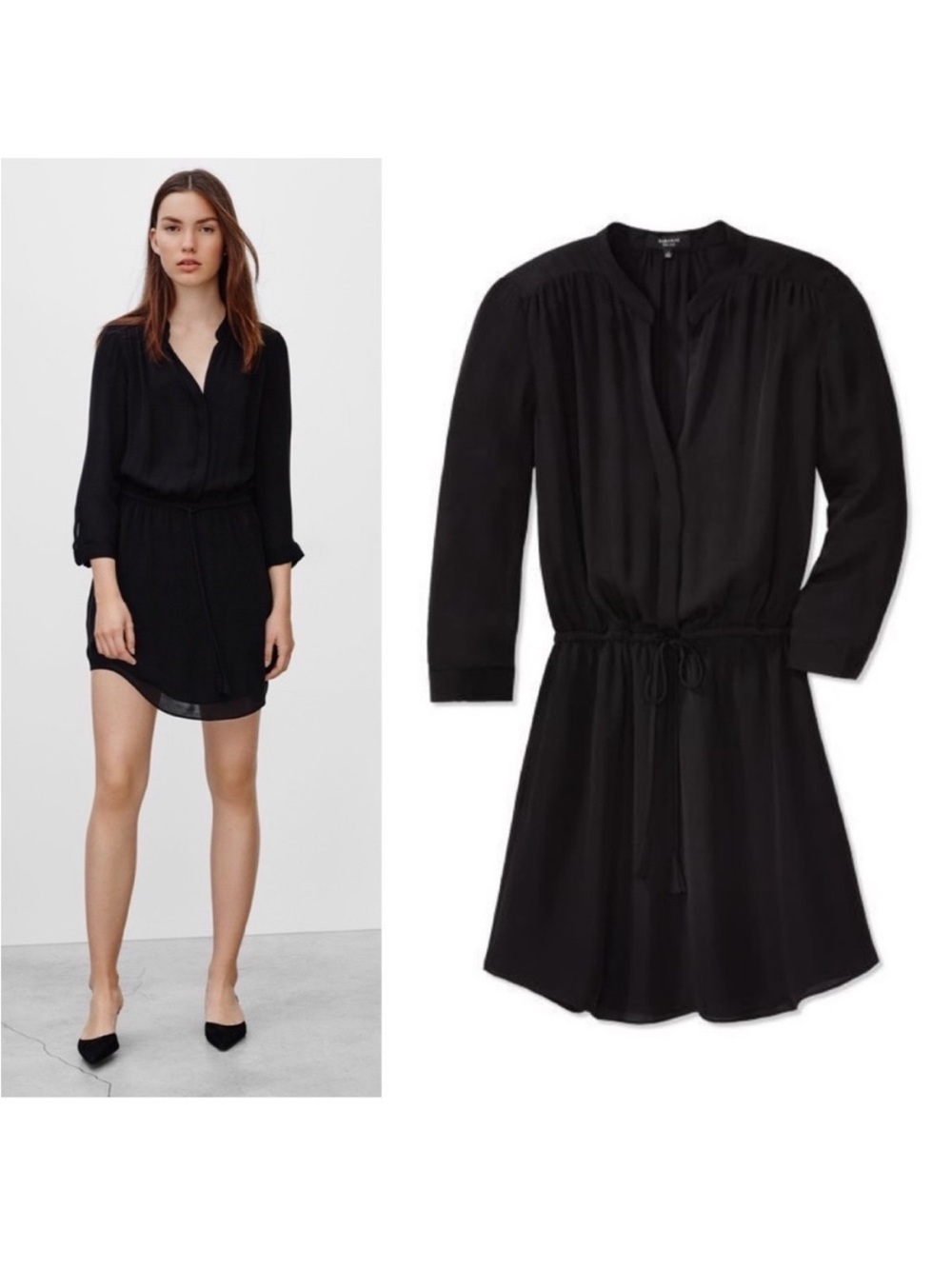 Babaton 100% Silk Black Shirt Dress Tie Waist 3/4 Sleeve Small Bohemian Classy